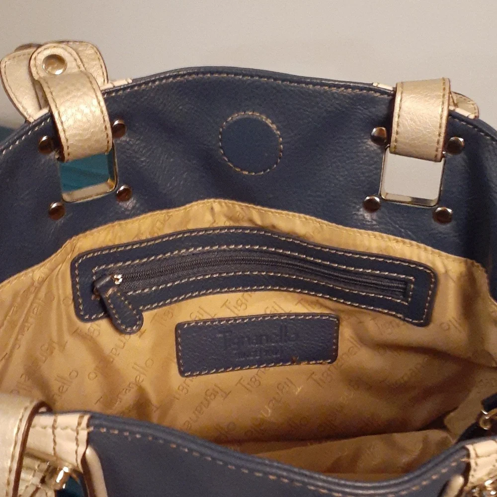 Vintage Tignanello leather handbag blue and white with 2 silver handles - Picture 4 of 6